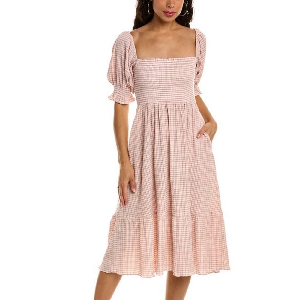 O.P.T. Pink Gingham Smocked Puff Sleeve Midi Dress Women’s Small Coquette Girly